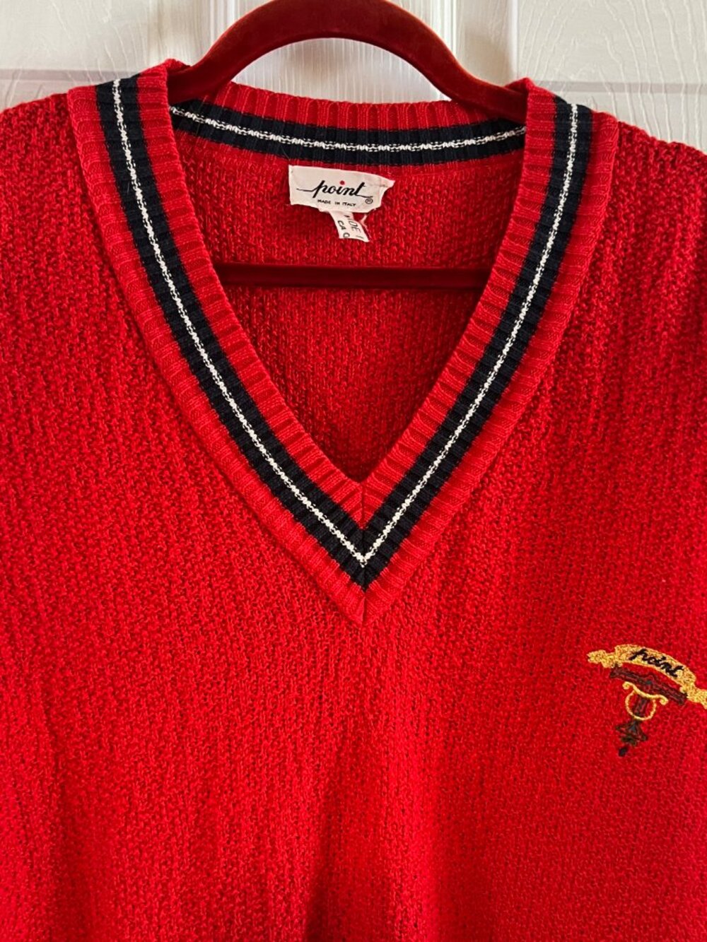 Vintage Italian Point Red Bouclé Tennis Cricket V-Neck Sweater - Picture 4 of 8